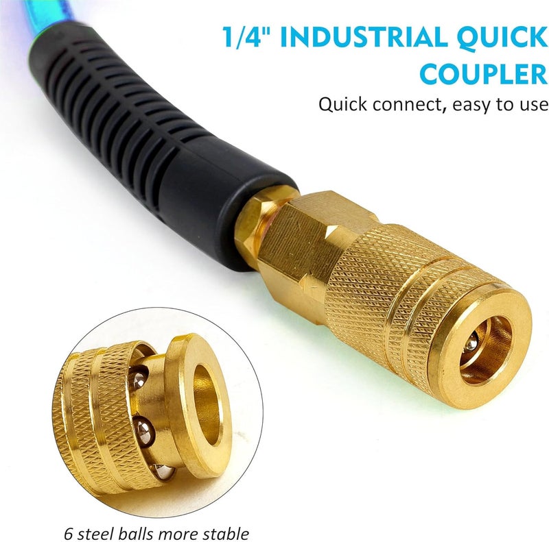 FYPower Air Compressor Hose 1/4 Inch x 100 Feet Reinforced Polyurethane (PU) Air Hose with Fittings, Bend Restrictors, 1/4" Industrial Quick Coupler and Plug Kit, Blue - Image 3
